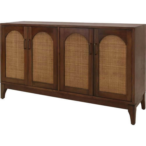 Chantilly 4 Door Buffet Sideboard in Walnut Brown Finish Wood & Rattan